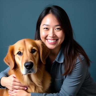 Evelyn Tan, Head Trainer, with a Golden Retriever