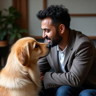 Rajesh Kumar, Consultations Lead, with a calm Labrador